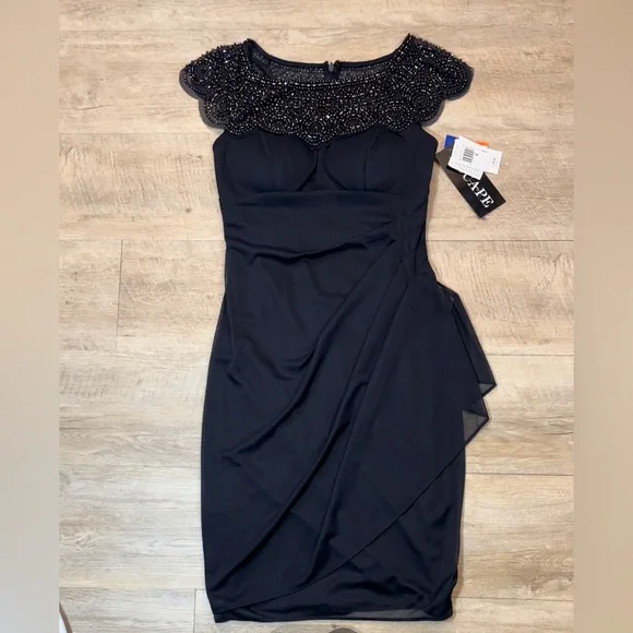 xscape navy beaded dress Xscape Evenings Mason Long Sleeve Beaded Chiffon Dress 3174X